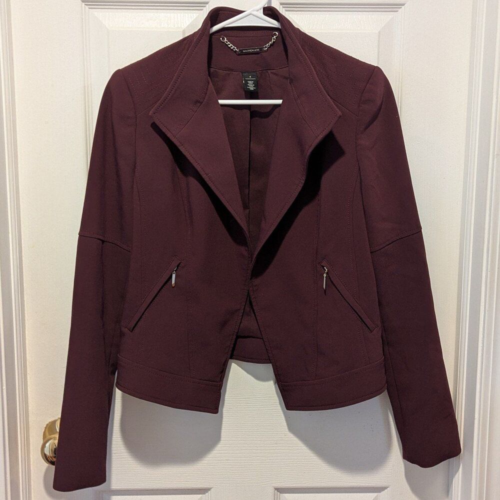 Career Office Moto Blazer Jacket Burgundy Zip Pocket White House Black Market 4